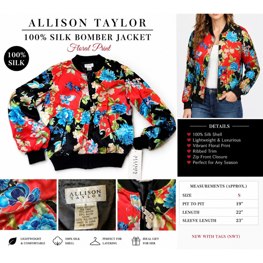 Allison Taylor 100% Silk Floral Bomber Jacket Womens S Red Black Asian Print NWT